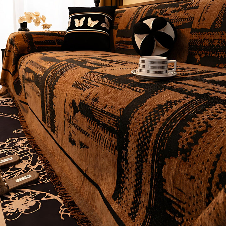 Geometric Tribal Chenille Sofa Cover Throw with Fringe Edging | Tribal Geometry in Brushed Chenille | Sofa Covers