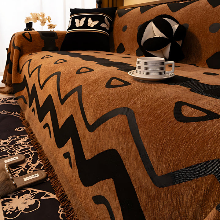 Geometric Tribal Chenille Sofa Cover Throw with Fringe Edging | Tribal Geometry in Brushed Chenille | Sofa Covers
