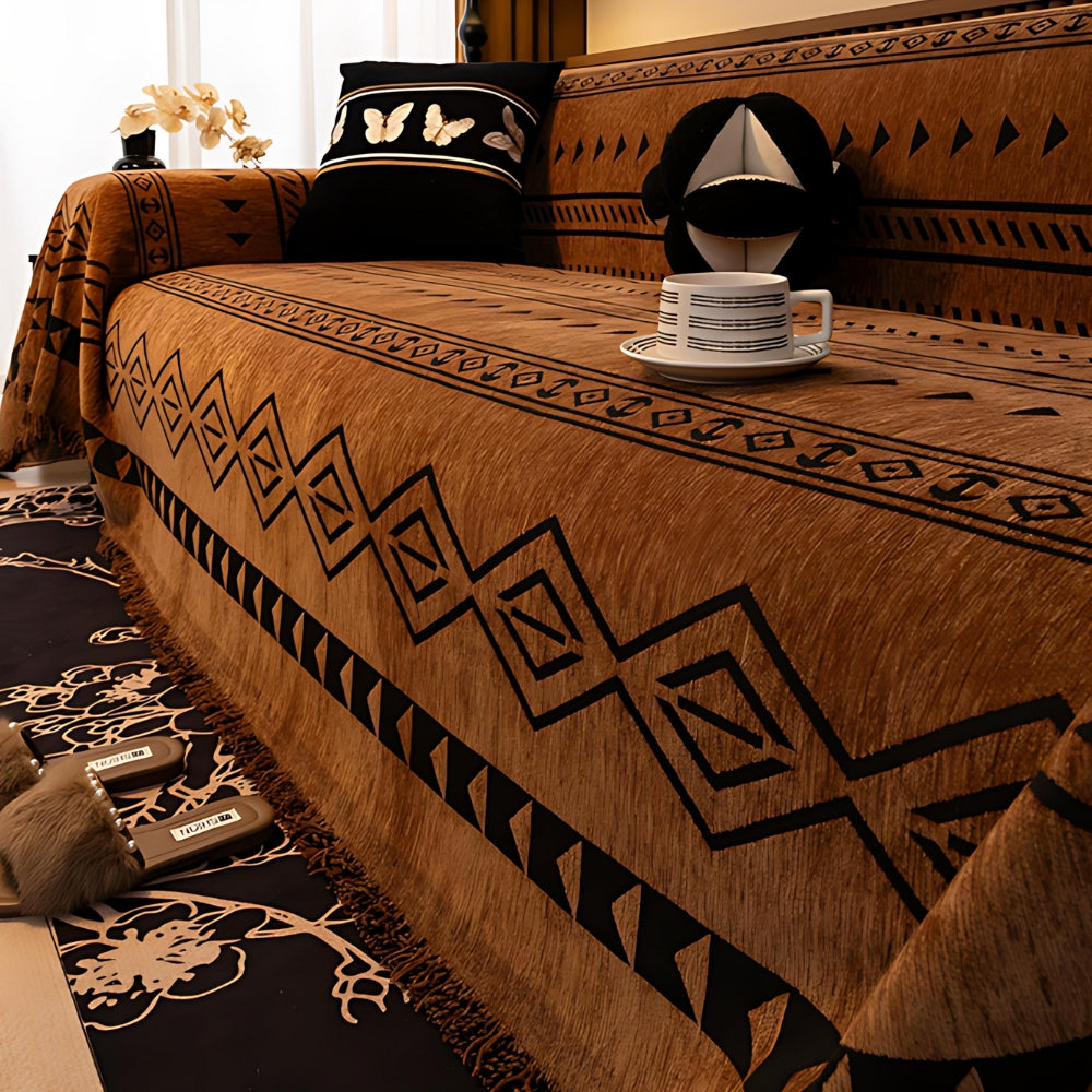Geometric Tribal Chenille Sofa Cover Throw with Fringe Edging | Tribal Geometry in Brushed Chenille | Sofa Covers