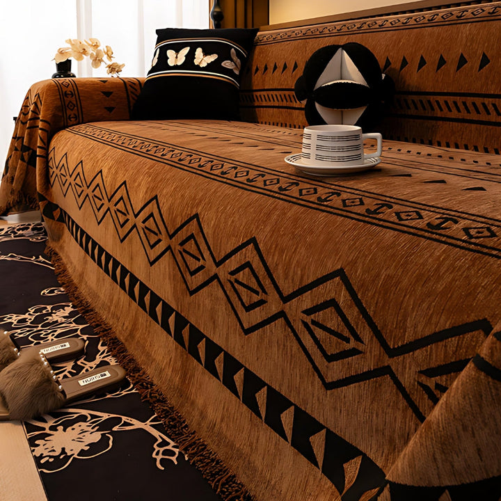 Geometric Tribal Chenille Sofa Cover Throw with Fringe Edging | Tribal Geometry in Brushed Chenille | Sofa Covers