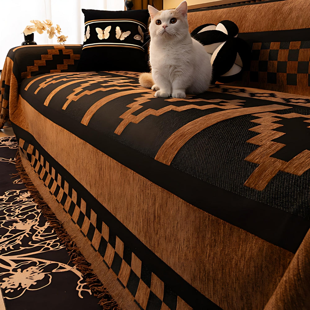Geometric Tribal Chenille Sofa Cover Throw with Fringe Edging | Tribal Geometry in Brushed Chenille | Sofa Covers