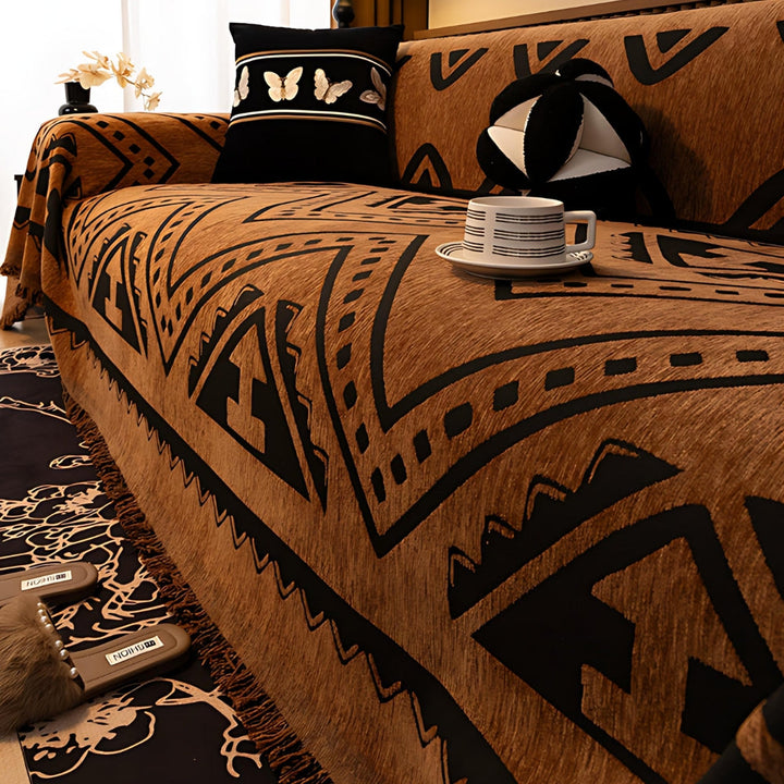Geometric Tribal Chenille Sofa Cover Throw with Fringe Edging | Tribal Geometry in Brushed Chenille | Sofa Covers