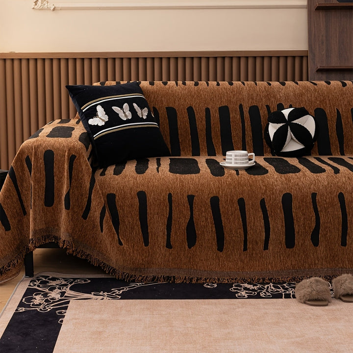 Geometric Tribal Chenille Sofa Cover Throw with Fringe Edging | Tribal Geometry in Brushed Chenille | Sofa Covers