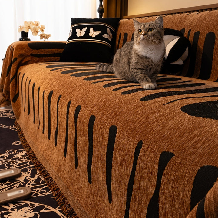 Geometric Tribal Chenille Sofa Cover Throw with Fringe Edging | Tribal Geometry in Brushed Chenille | Sofa Covers