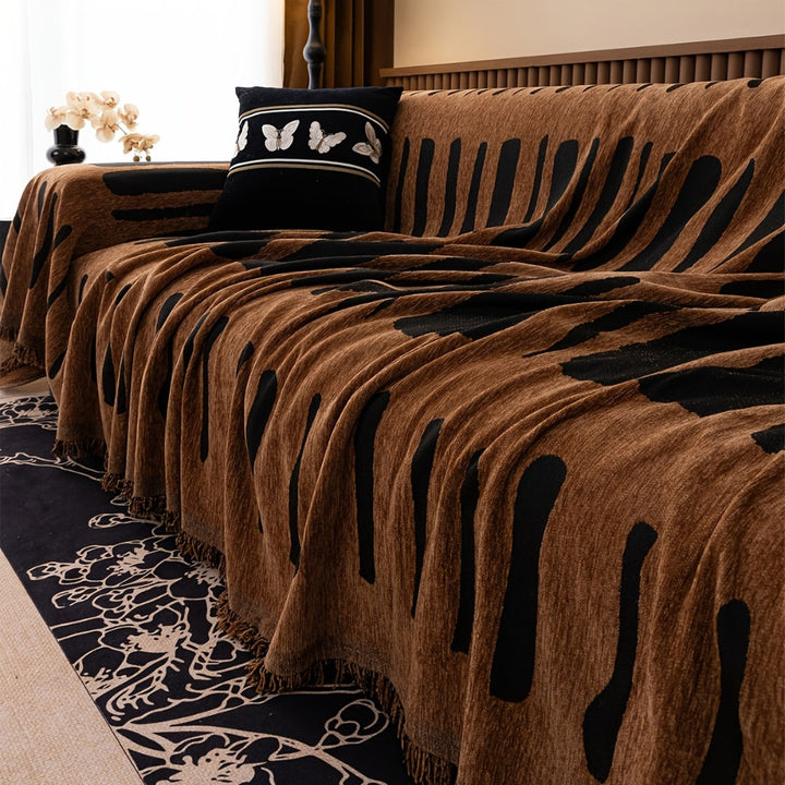 Geometric Tribal Chenille Sofa Cover Throw with Fringe Edging | Tribal Geometry in Brushed Chenille | Sofa Covers