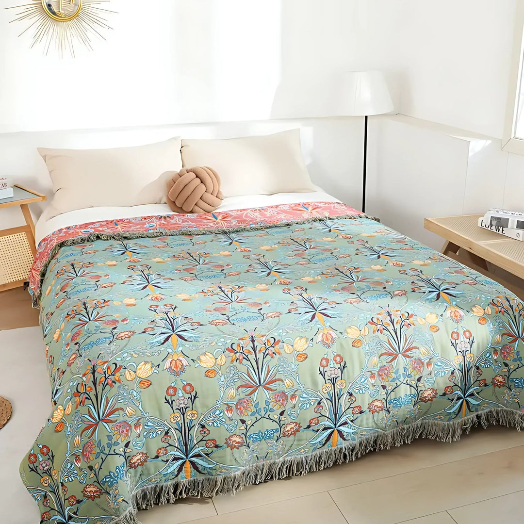Reversible Floral Jacquard Cotton Bedspread Throw with Tassel Fringe | Heavyweight Floral Cotton Bedspread | Throw Blankets