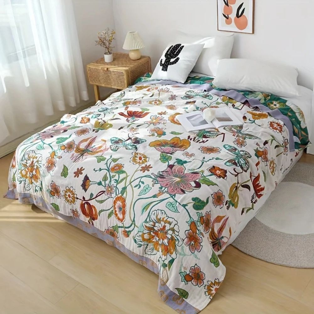 Wildflower and Butterfly Floral Cotton Throw Blanket | Lightweight Garden Print Throw | Throw Blankets