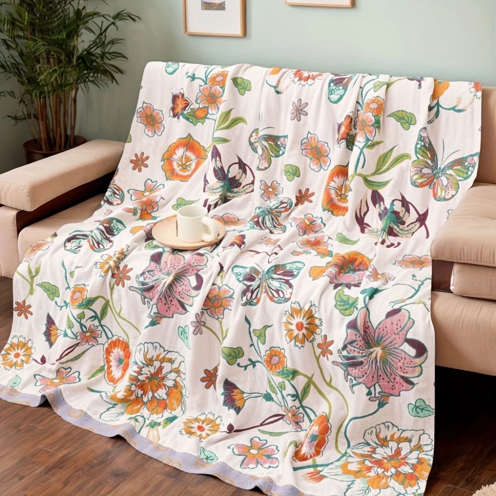 Wildflower and Butterfly Floral Cotton Throw Blanket | Lightweight Garden Print Throw | Throw Blankets