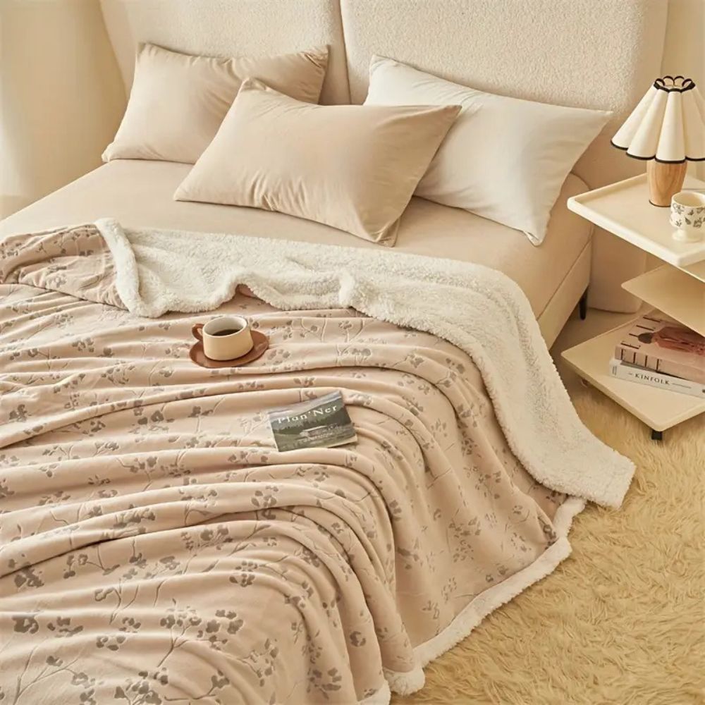 Floral Double-Layer Plush Blanket in Soft Beige, Rustic Style | Rustic Floral Plush Warmth | Throw Blankets