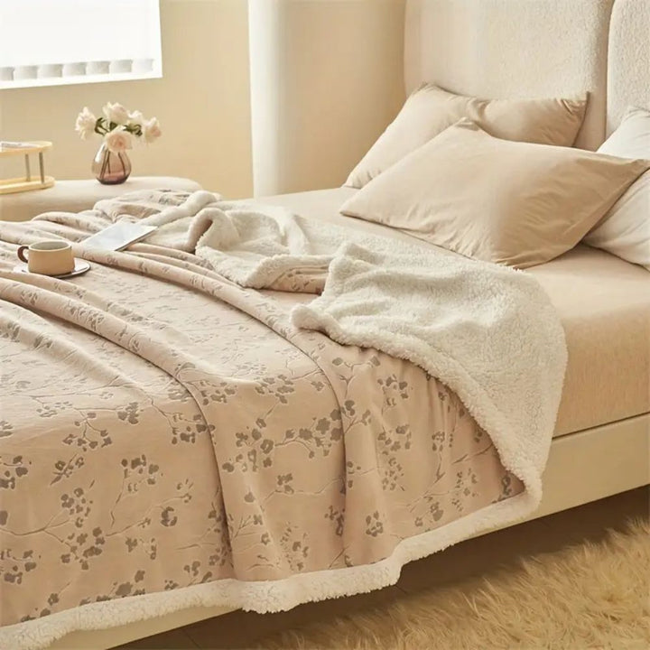Floral Double-Layer Plush Blanket in Soft Beige, Rustic Style | Rustic Floral Plush Warmth | Throw Blankets