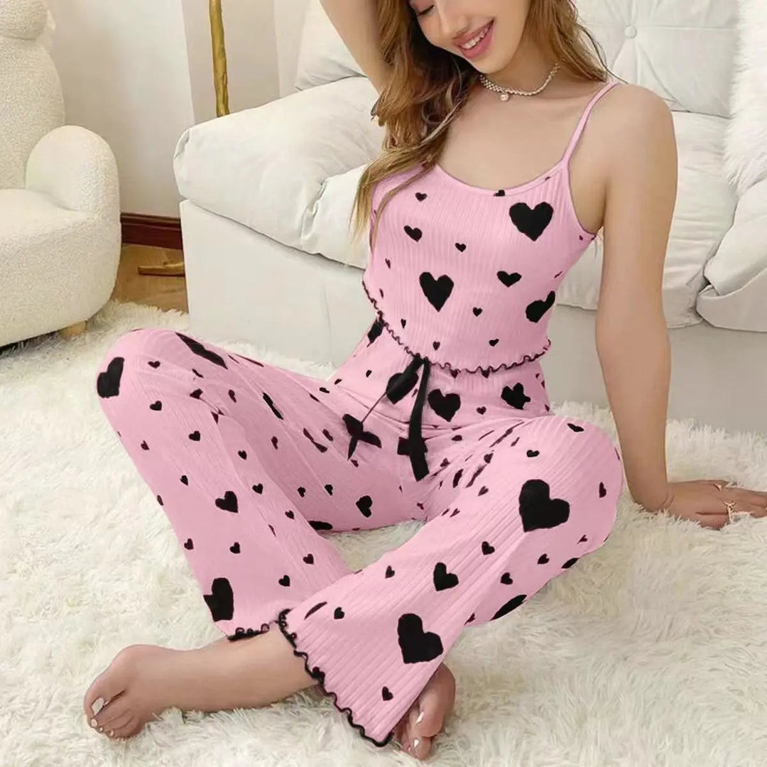 Love Print Two Piece Pajama Set with Sleeveless Vest and Soft Trousers | Airy Heart Print Loungewear | Pajama Sets