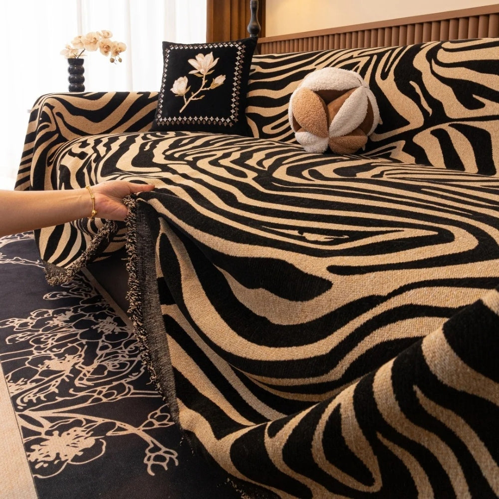 Zebra Geometric Chenille Sofa Cover with Tassels in Nine Sizes | Bold Stripes Dressed in Tassels | Sofa Covers