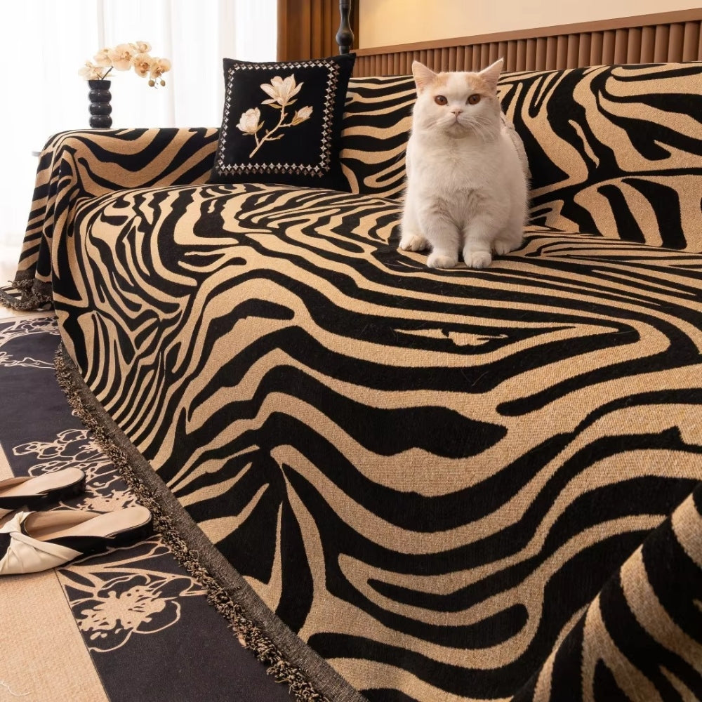 Zebra Geometric Chenille Sofa Cover with Tassels in Nine Sizes | Bold Stripes Dressed in Tassels | Sofa Covers
