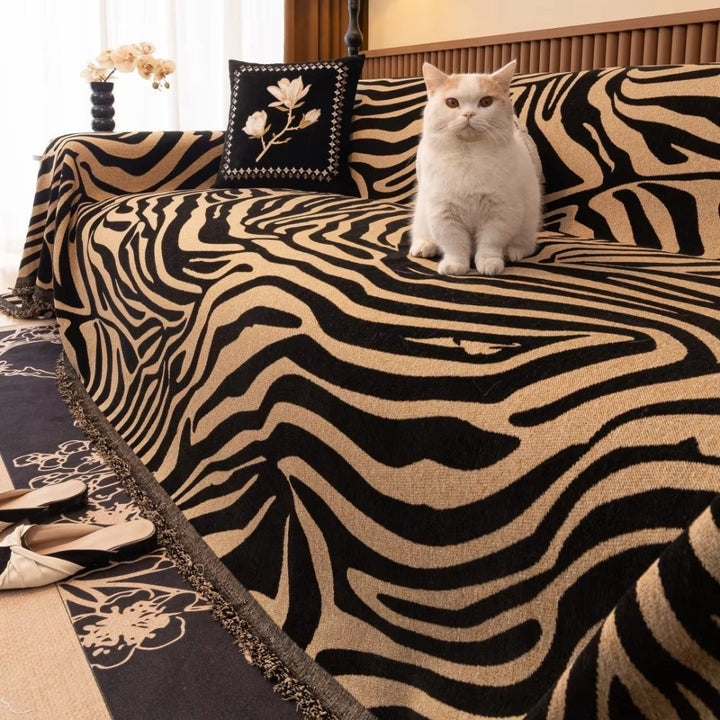 Zebra Geometric Chenille Sofa Cover with Tassels in Nine Sizes | Bold Stripes Dressed in Tassels | Sofa Covers