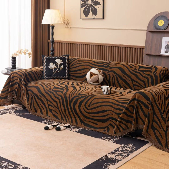 Zebra Geometric Chenille Sofa Cover with Tassels in Nine Sizes | Bold Stripes Dressed in Tassels | Sofa Covers