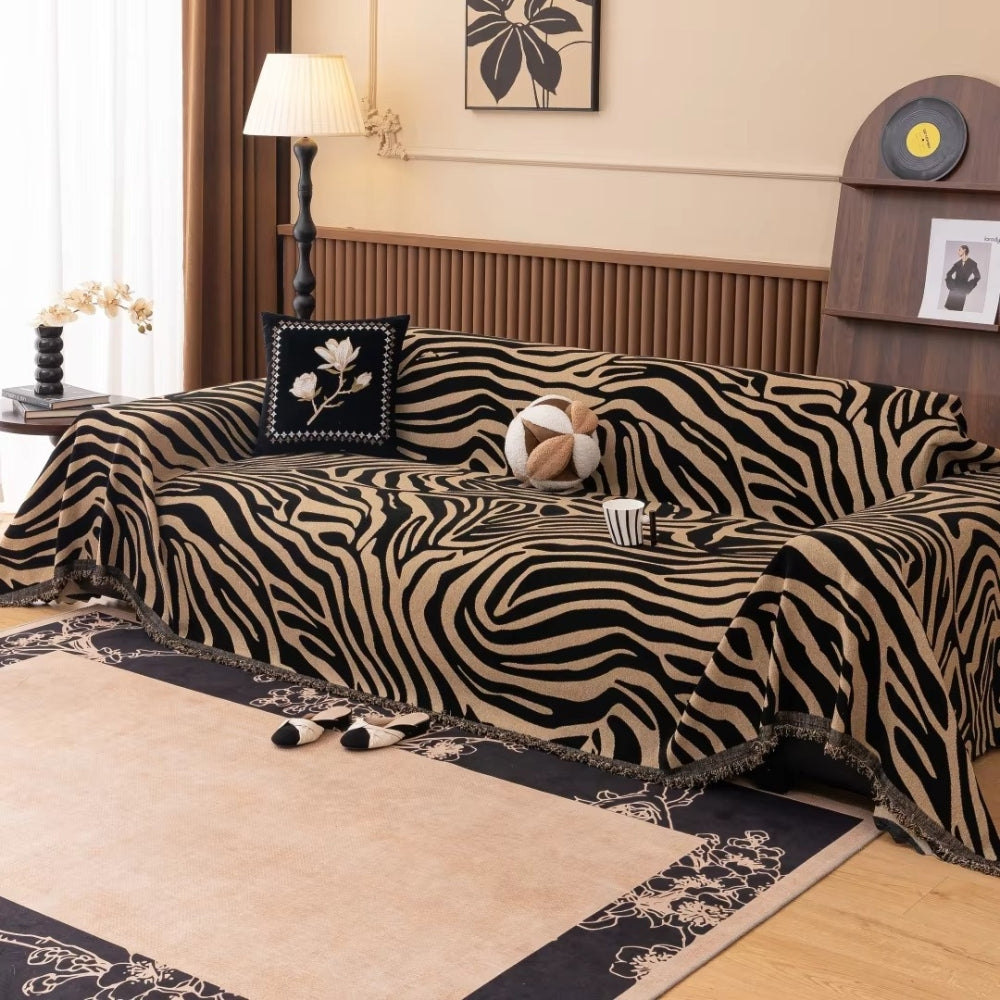 Zebra Geometric Chenille Sofa Cover with Tassels in Nine Sizes | Bold Stripes Dressed in Tassels | Sofa Covers