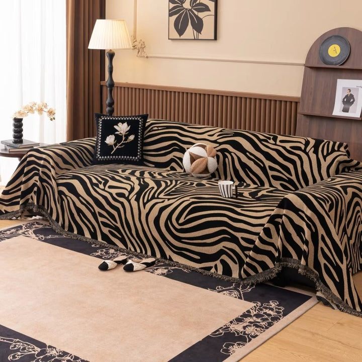 Zebra Geometric Chenille Sofa Cover with Tassels in Nine Sizes | Bold Stripes Dressed in Tassels | Sofa Covers
