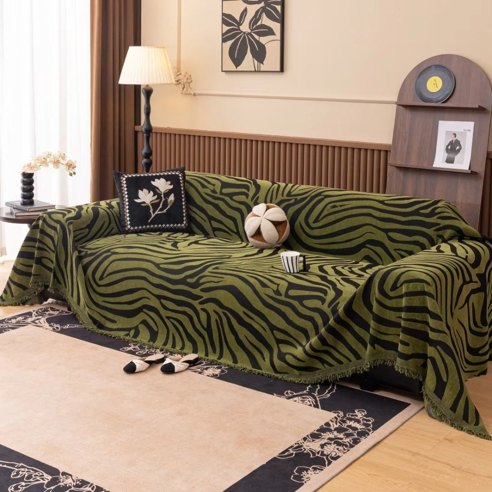 Zebra Geometric Chenille Sofa Cover with Tassels in Nine Sizes | Bold Stripes Dressed in Tassels | Sofa Covers