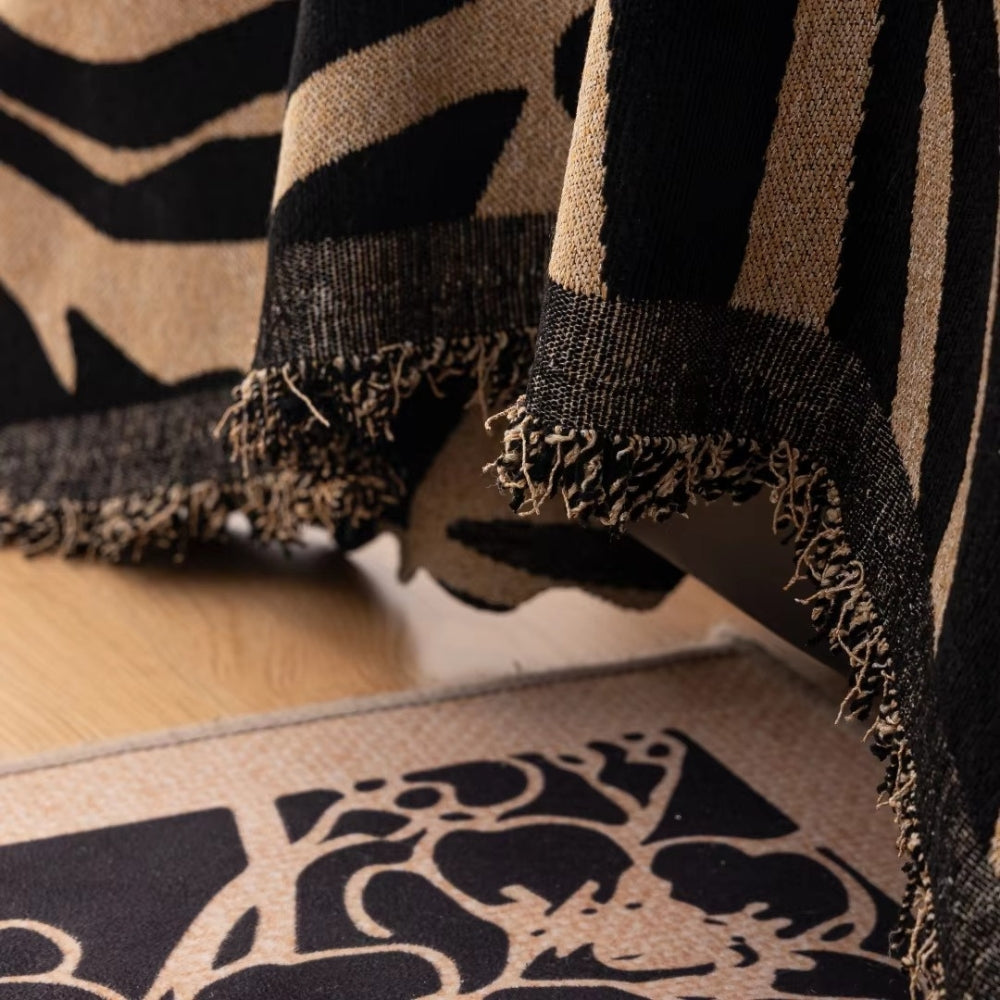 Zebra Geometric Chenille Sofa Cover with Tassels in Nine Sizes | Bold Stripes Dressed in Tassels | Sofa Covers