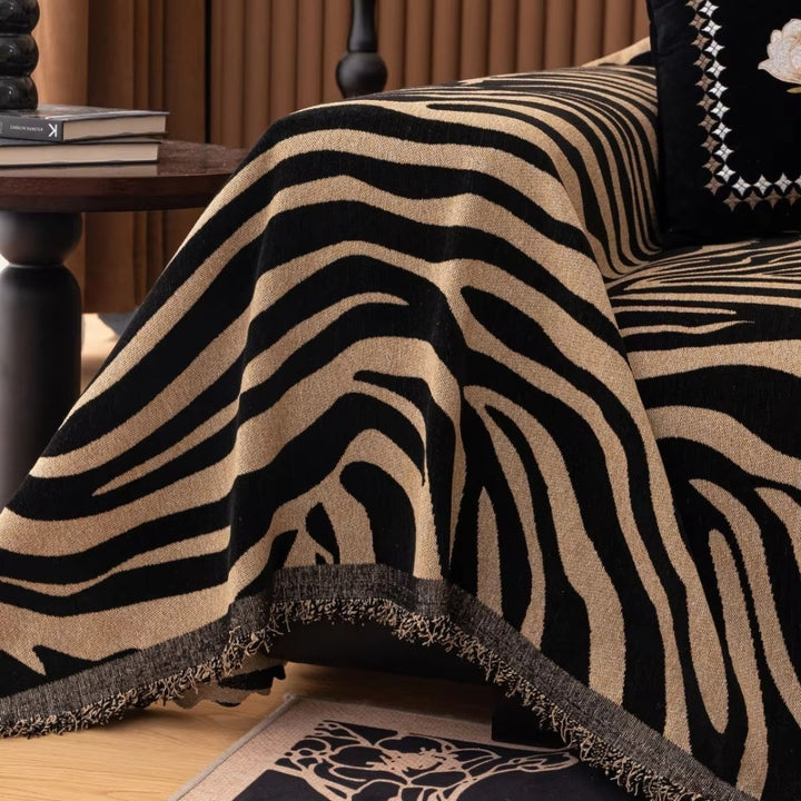 Zebra Geometric Chenille Sofa Cover with Tassels in Nine Sizes | Bold Stripes Dressed in Tassels | Sofa Covers