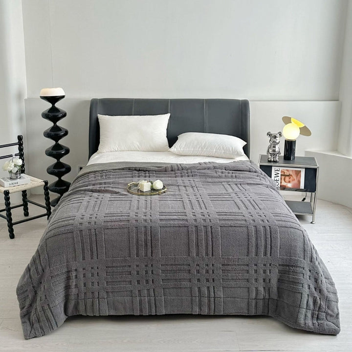 Embossed Grid Plaid Winter Blanket, Double-Layer Soft Microfiber | Embossed Grid Texture, Cosy Warmth | Throw Blankets