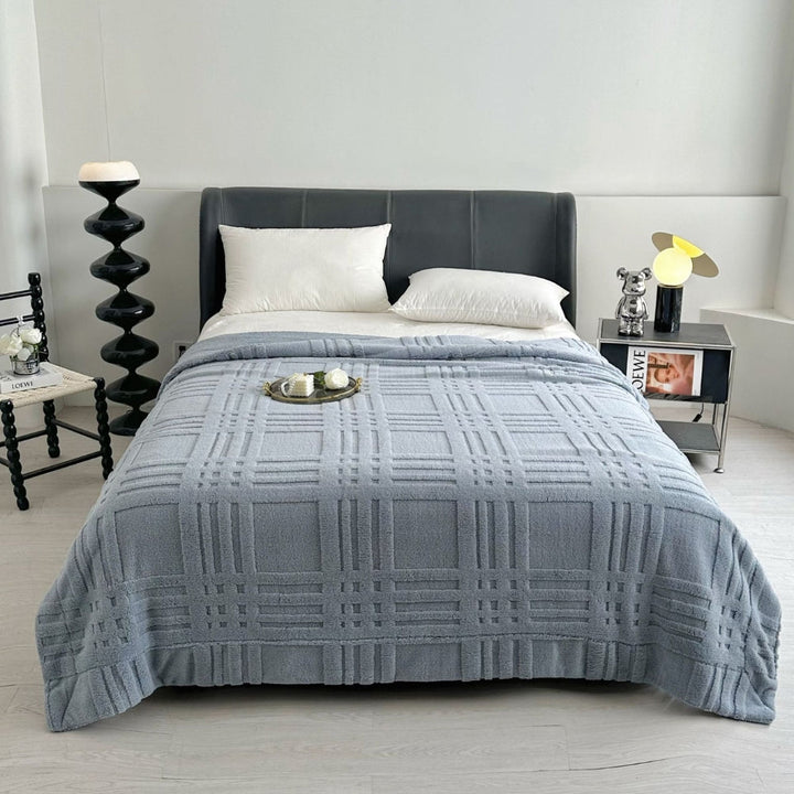 Embossed Grid Plaid Winter Blanket, Double-Layer Soft Microfiber | Embossed Grid Texture, Cosy Warmth | Throw Blankets