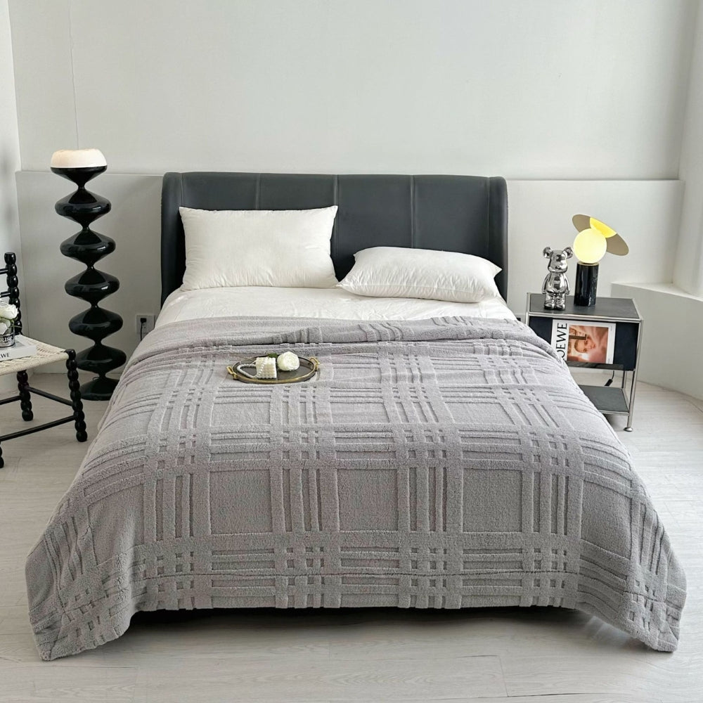 Embossed Grid Plaid Winter Blanket, Double-Layer Soft Microfiber | Embossed Grid Texture, Cosy Warmth | Throw Blankets