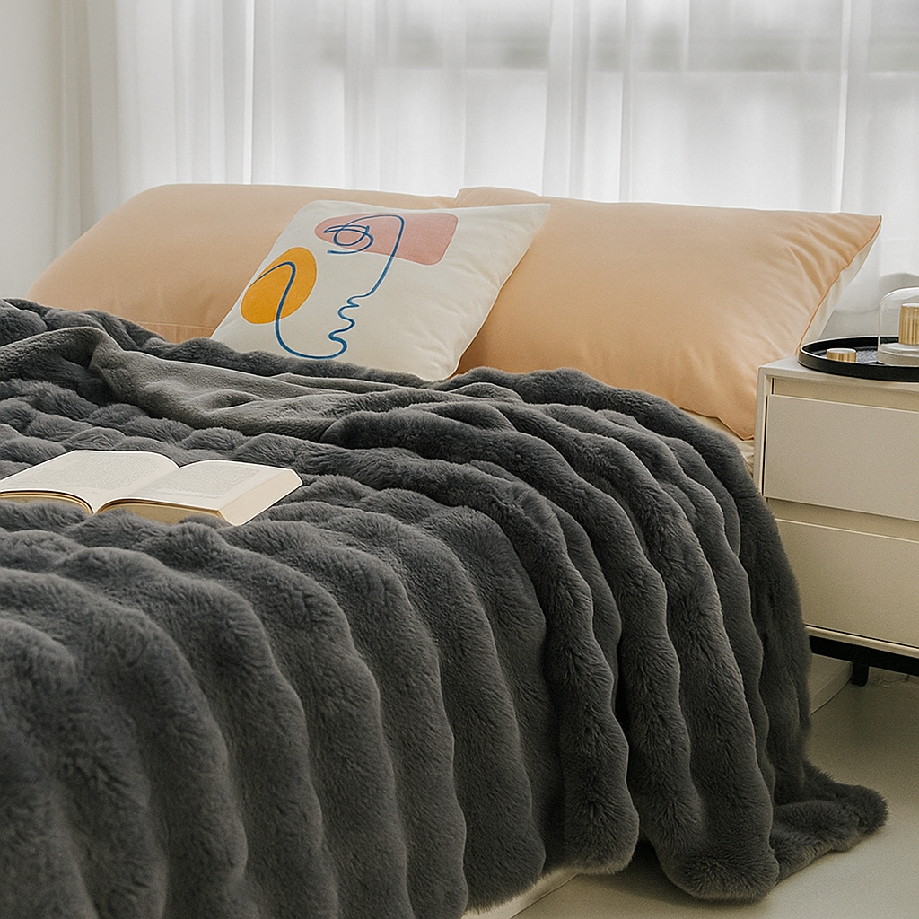 Reversible Rabbit Fur Imitation Throw with Cloud Bubble Pattern | Cloud Bubble Reversible Plush Throw | Throw Blankets