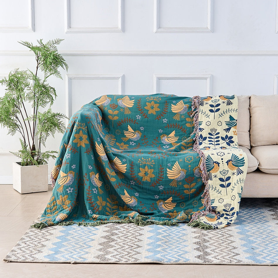 Reversible Scandinavian Bird Cotton Blanket with Fringed Edges | Folk Tale Birds on Two Sides | Throw Blankets