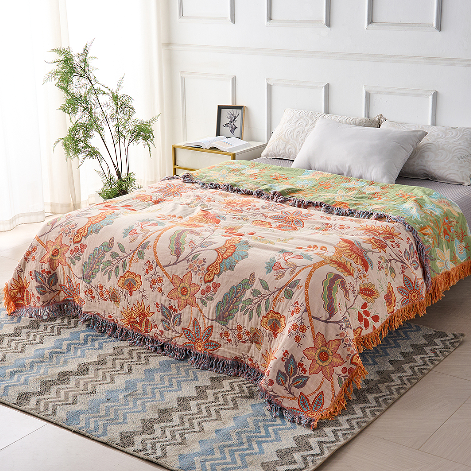 Rustic Floral Boho Cotton Throw Blanket in Orange, Blue and Cream with Fringe | Orange and Blue Florals, Cream Ground | Throw Blankets