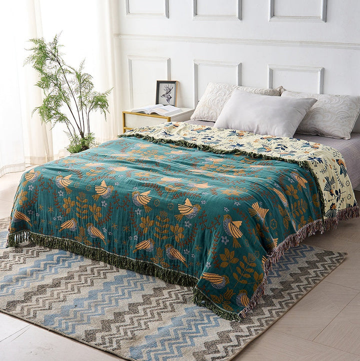 Teal and Cream Reversible Throw Blanket with Bird and Floral Pattern | Nordic Bird and Floral Reversible Throw | Throw Blankets