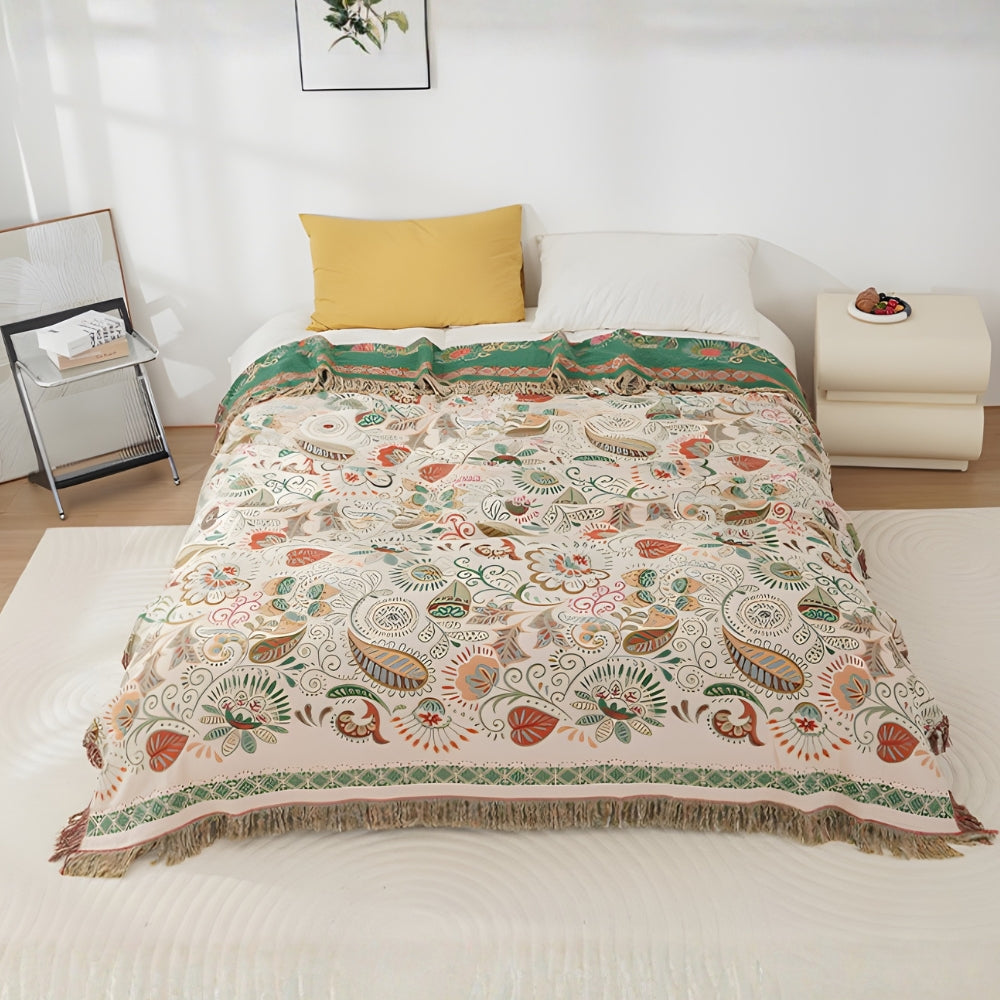 Bohemian Reversible Sofa and Bed Throw with Autumn Leaf Design | Reversible Boho Leaf Throw | Throw Blankets
