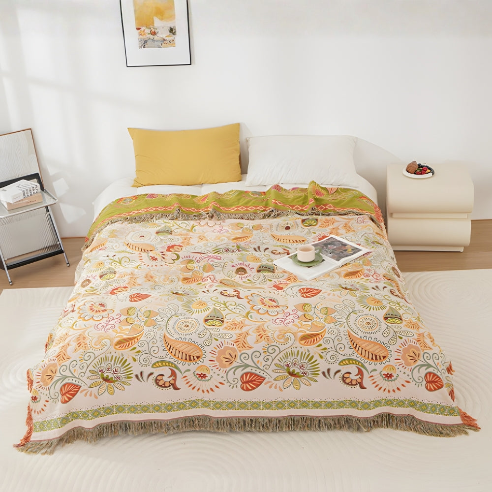 Bohemian Reversible Sofa and Bed Throw with Autumn Leaf Design | Reversible Boho Leaf Throw | Throw Blankets