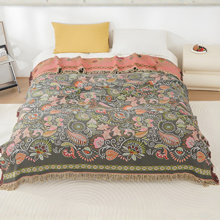 Boho Autumn Leaf Reversible Cotton Gauze Blanket with Tassels | Autumn Leaves on Soft Gauze | Throw Blankets