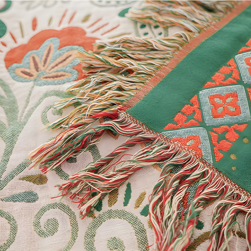 Boho Autumn Leaf Reversible Cotton Gauze Blanket with Tassels | Autumn Leaves on Soft Gauze | Throw Blankets