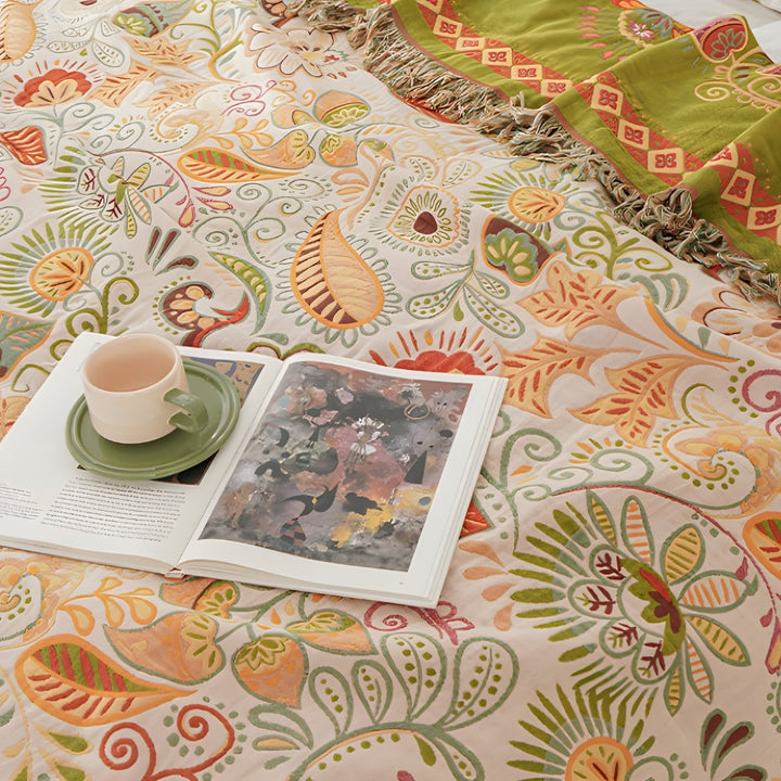 Boho Autumn Leaf Reversible Cotton Gauze Blanket with Tassels | Autumn Leaves on Soft Gauze | Throw Blankets