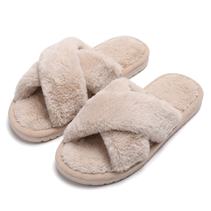 Fluffy Plush Open-Toe Cross-Band Slippers with Cushioned Sole | Soft Steps on Chilly Floors | Slippers