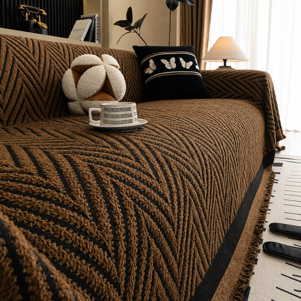 Herringbone Chevron Sofa Cover with Tassels, 71in Wide | Chevron Pattern and Tassels | Sofa Covers