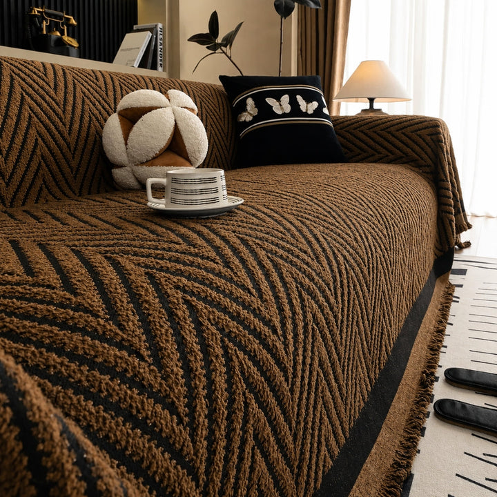 Herringbone Chevron Sofa Cover with Tassels, 71in Wide | Chevron Pattern and Tassels | Sofa Covers