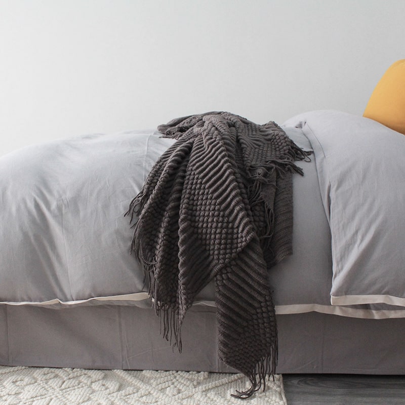 Chunky Popcorn Knit Throw Blanket with Tassel Fringe, 127 x 170 cm | Popcorn Knit Throw, Sofa Size | Throw Blankets