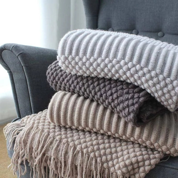 Chunky Popcorn Knit Throw Blanket with Tassel Fringe, 127 x 170 cm | Popcorn Knit Throw, Sofa Size | Throw Blankets