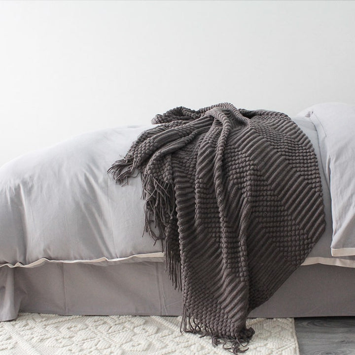 Chunky Popcorn Knit Throw Blanket with Tassel Fringe, 127 x 170 cm | Popcorn Knit Throw, Sofa Size | Throw Blankets