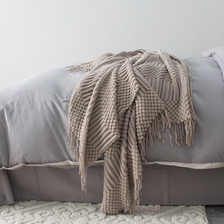 Chunky Popcorn Knit Throw Blanket with Tassel Fringe, 127 x 170 cm | Popcorn Knit Throw, Sofa Size | Throw Blankets