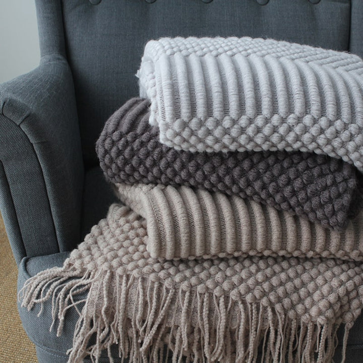 Chunky Popcorn Knit Throw Blanket with Tassel Fringe, 127 x 170 cm | Popcorn Knit Throw, Sofa Size | Throw Blankets