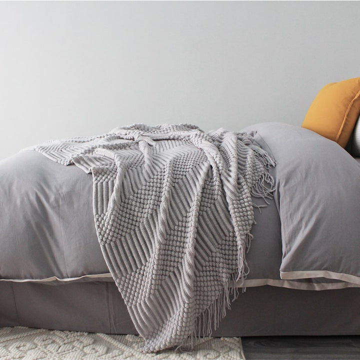 Chunky Popcorn Knit Throw Blanket with Tassel Fringe, 127 x 170 cm | Popcorn Knit Throw, Sofa Size | Throw Blankets