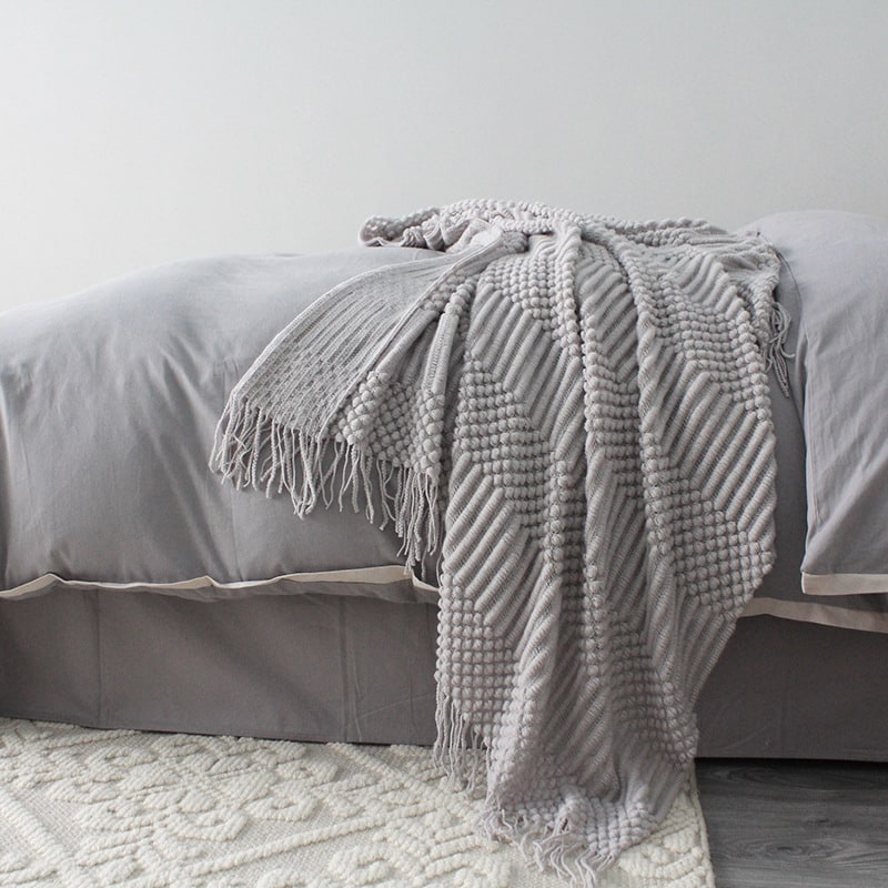 Chunky Popcorn Knit Throw Blanket with Tassel Fringe, 127 x 170 cm | Popcorn Knit Throw, Sofa Size | Throw Blankets