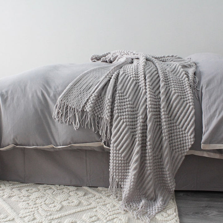 Chunky Popcorn Knit Throw Blanket with Tassel Fringe, 127 x 170 cm | Popcorn Knit Throw, Sofa Size | Throw Blankets