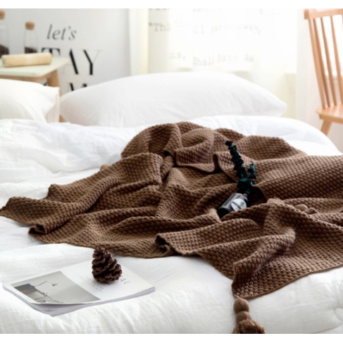 Chunky Waffle Knit Throw Blanket with Pom-Pom Tassels, 130 x 170 cm | Waffle Knit Throw with Pom-Poms | Throw Blankets