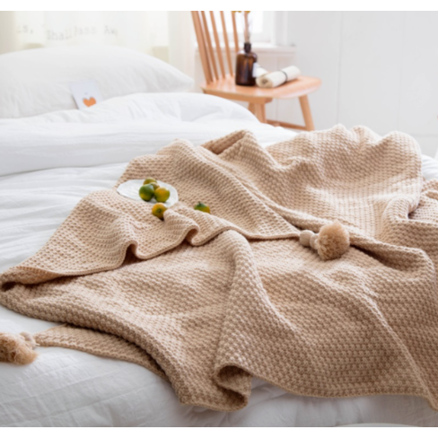 Chunky Waffle Knit Throw Blanket with Pom-Pom Tassels, 130 x 170 cm | Waffle Knit Throw with Pom-Poms | Throw Blankets