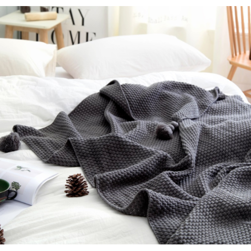 Chunky Waffle Knit Throw Blanket with Pom-Pom Tassels, 130 x 170 cm | Waffle Knit Throw with Pom-Poms | Throw Blankets
